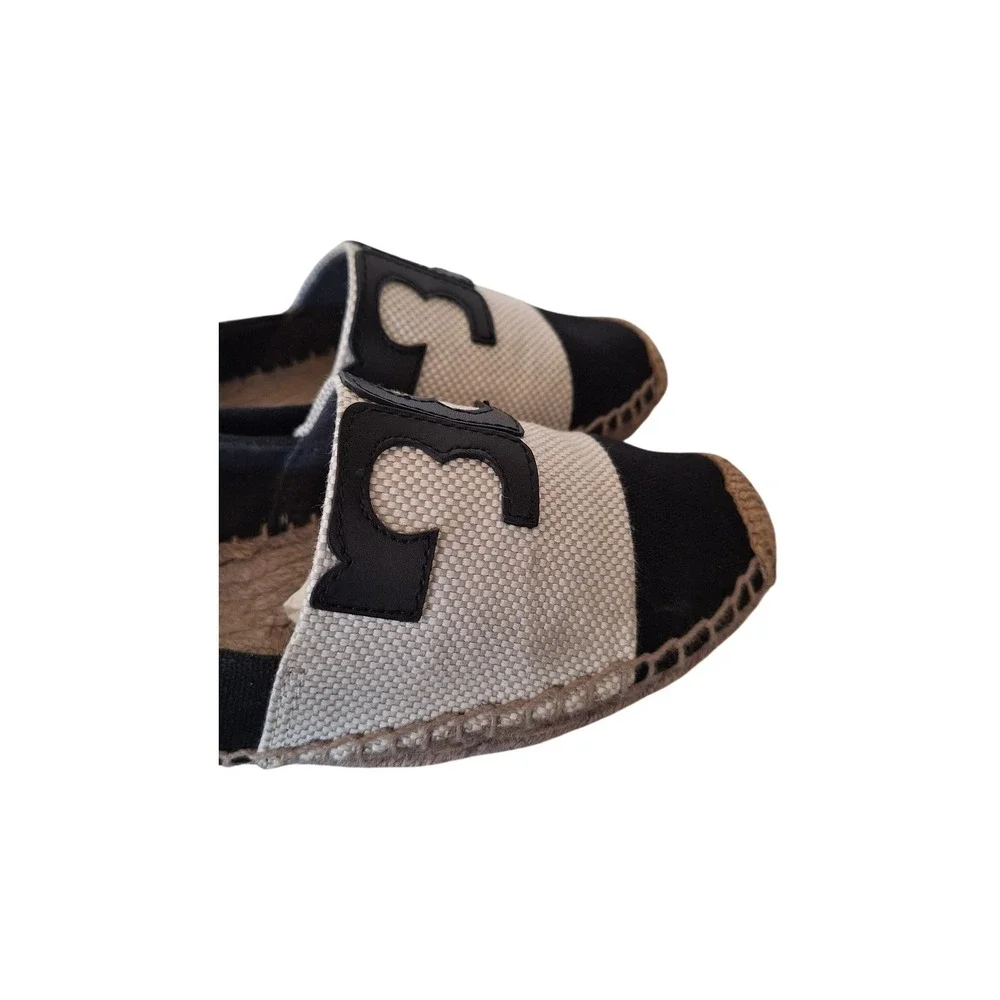 Tory Burch Ines Espadrilles Black Cream Leather Logo Canvas Flats Slip On